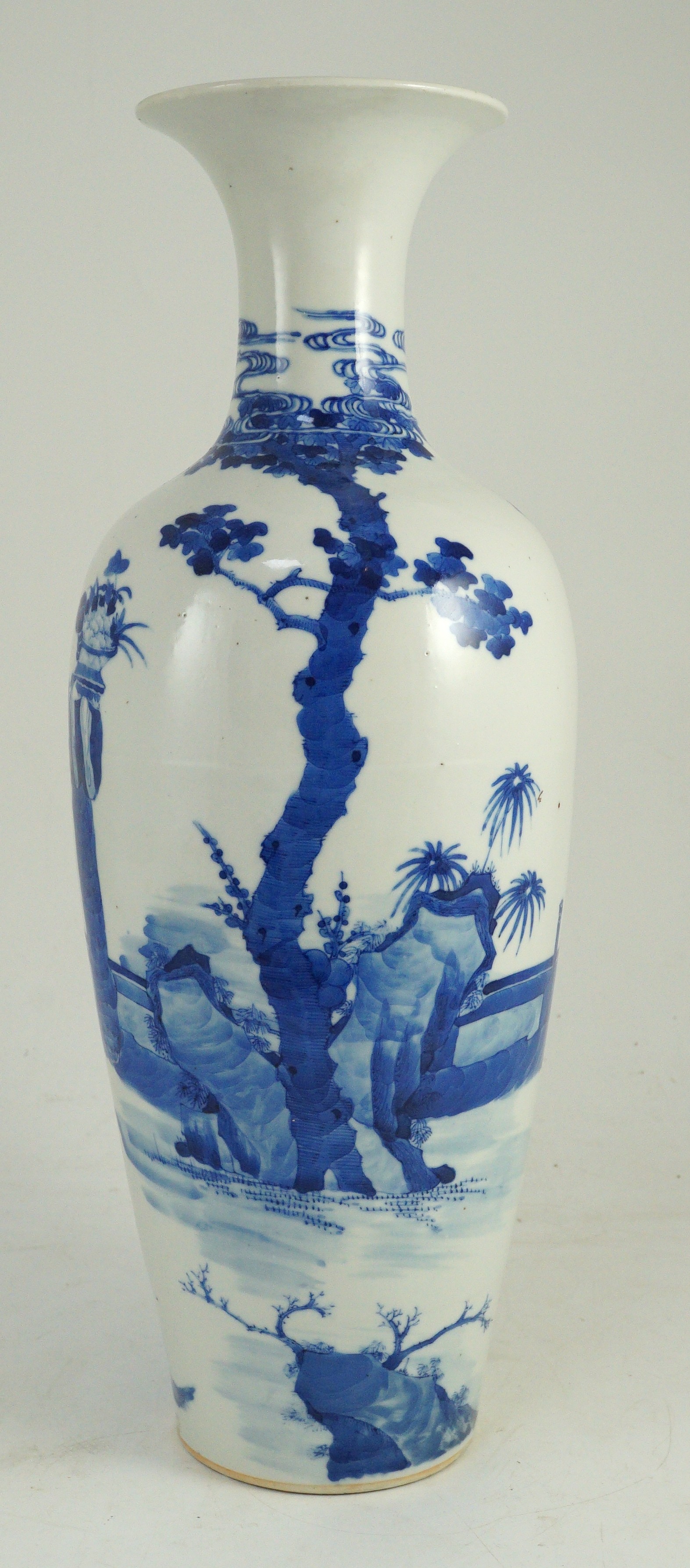 A tall Chinese blue and white ladies vase, laifu zun, 19th century, 44.5cm high, neck restored